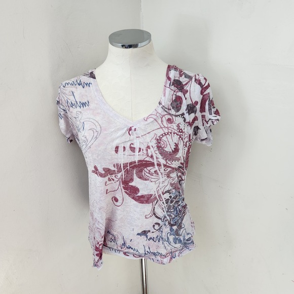 Maurices Tops - Maurices Womens Large V-Neck Burnout Graphic Tee Rhinestone Scroll Print